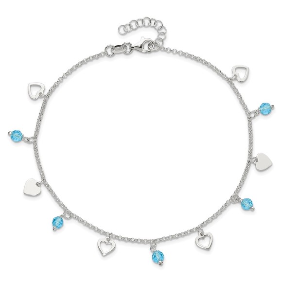925 Sterling Silver 9" Heart Charm and Blue Glass Plus1" ext. Jewelry Anklet - Picture 5 of 8